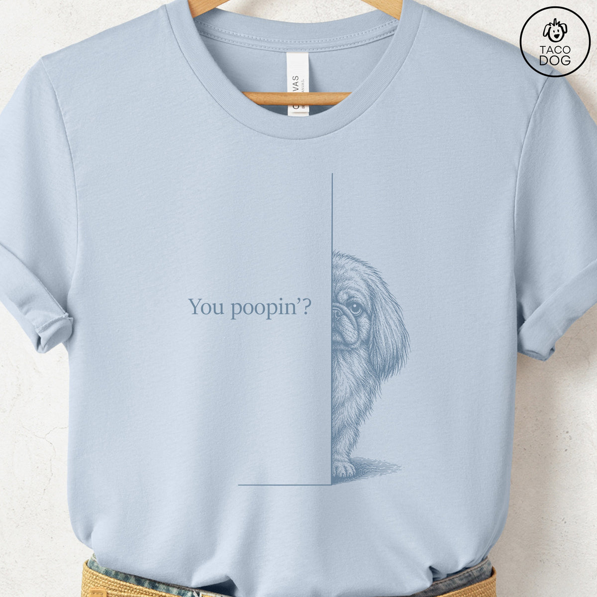 Pekingese Poopin T-Shirt Light Blue Taco-Dog