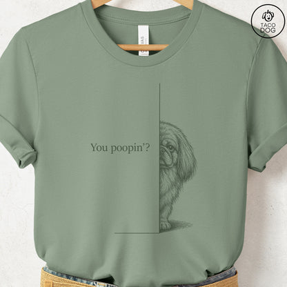 Pekingese Poopin T-Shirt Sage Taco-Dog