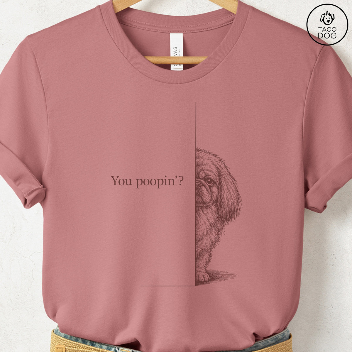 Pekingese Poopin T-Shirt Heather Mauve Taco-Dog