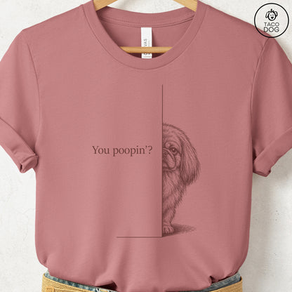 Pekingese Poopin T-Shirt Heather Mauve Taco-Dog