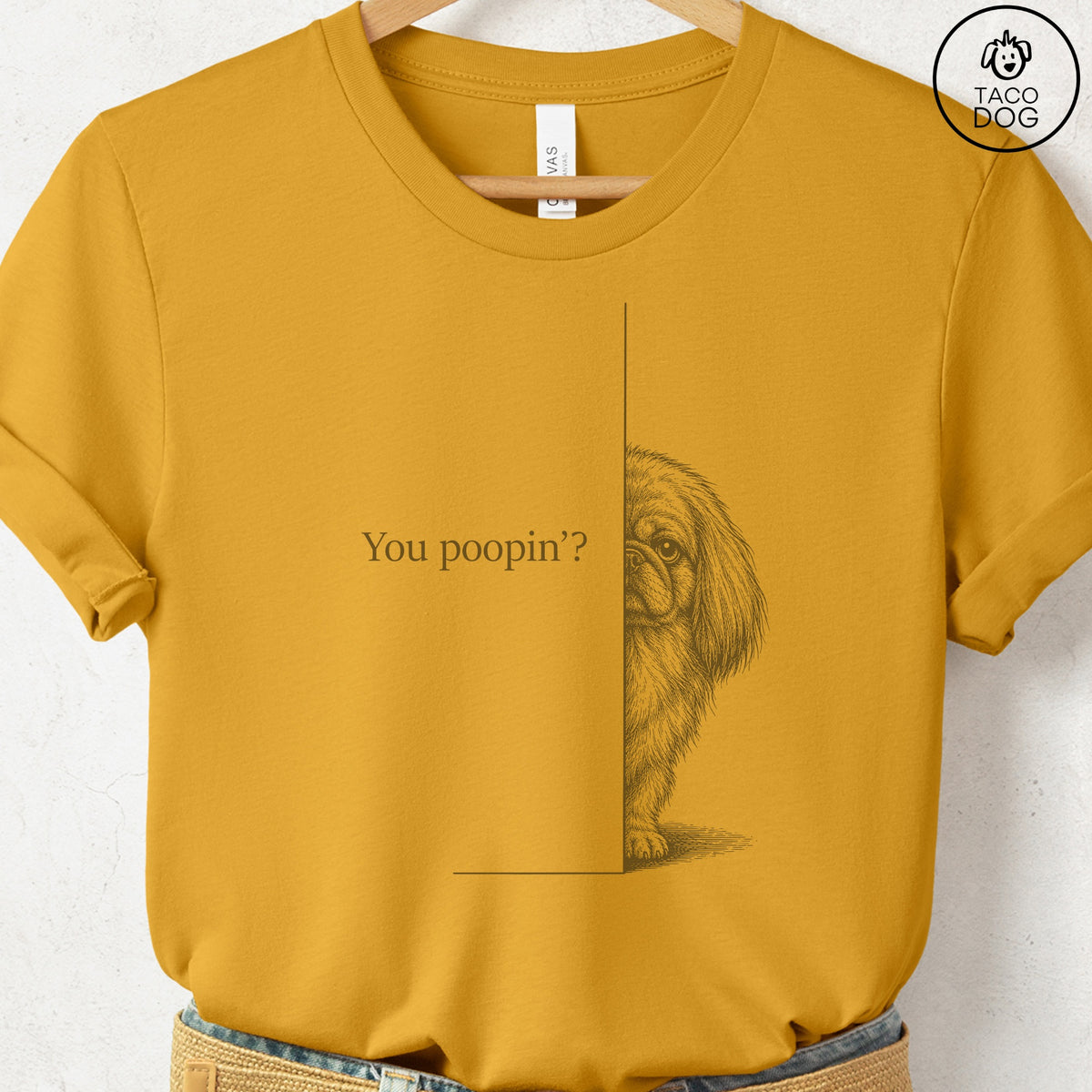 Pekingese Poopin T-Shirt Mustard Taco-Dog