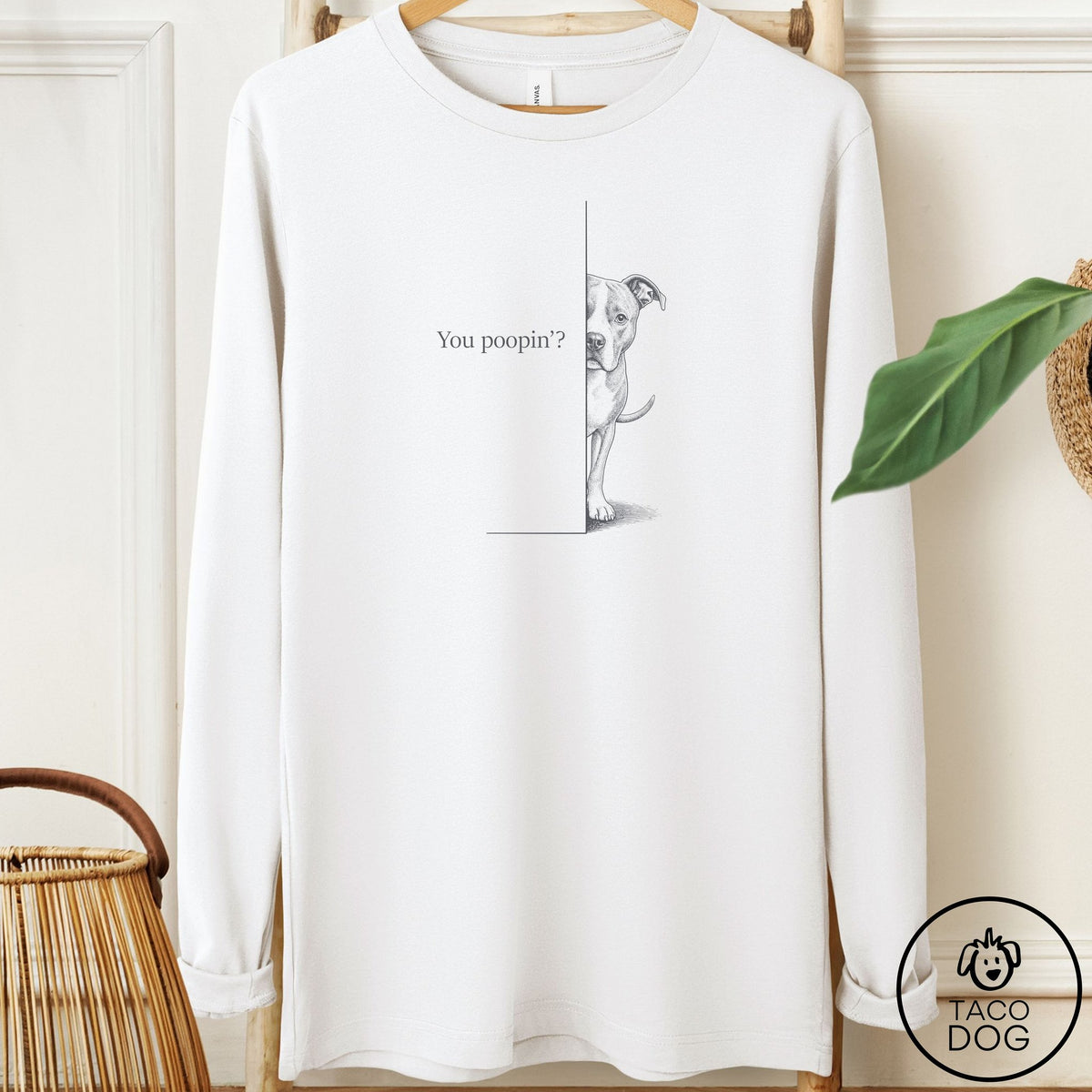 Pitbull Poopin Long Sleeve Tee White Taco-Dog
