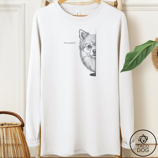 Pomeranian Poopin Long Sleeve Tee White Taco-Dog