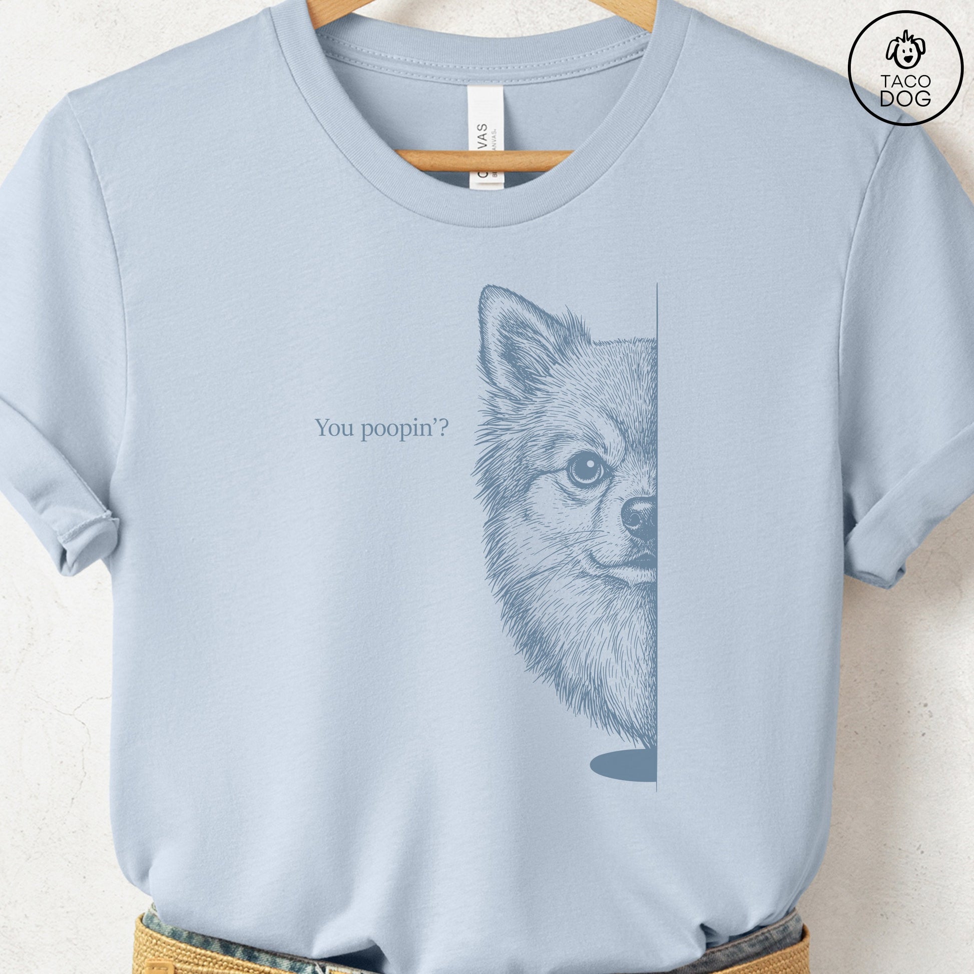Pomeranian Poopin T-Shirt Light Blue Taco-Dog