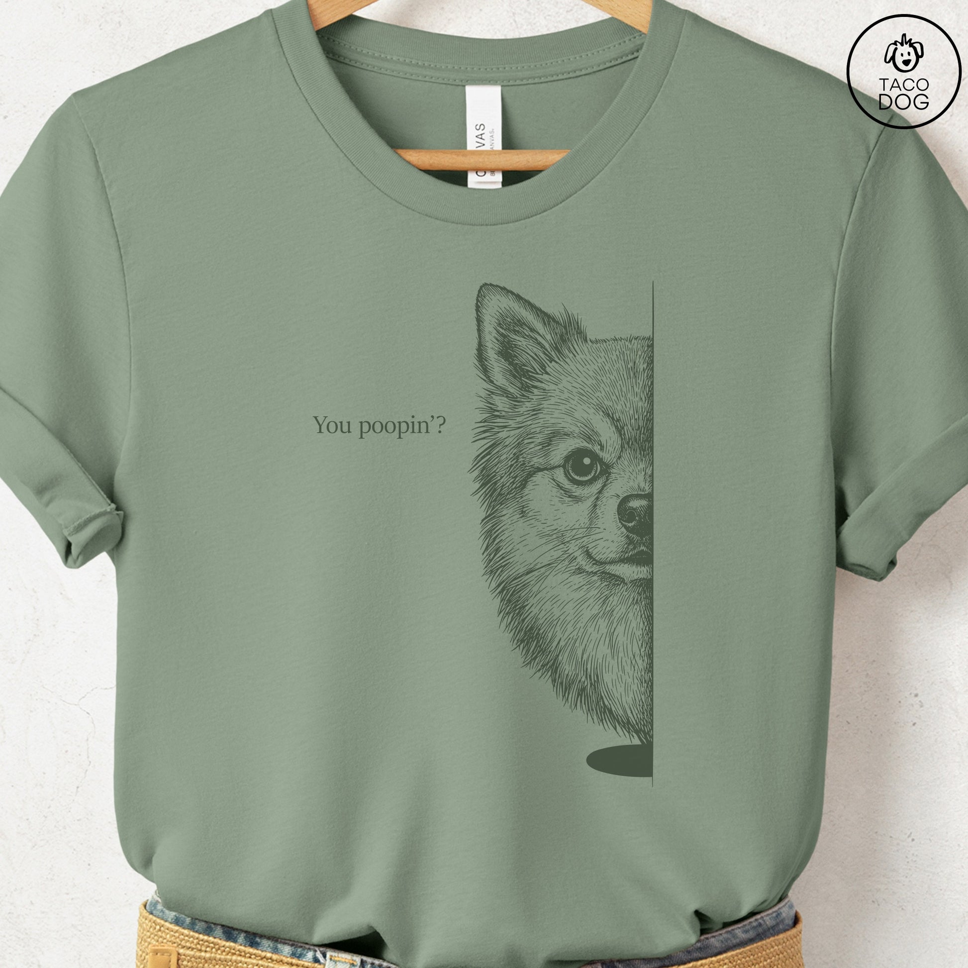 Pomeranian Poopin T-Shirt Sage Taco-Dog