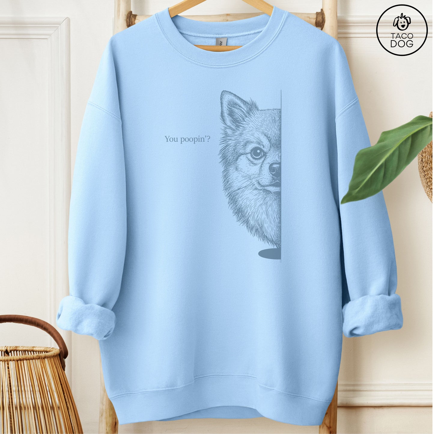 Pomeranian Poopin Sweatshirt Light Blue Taco-Dog
