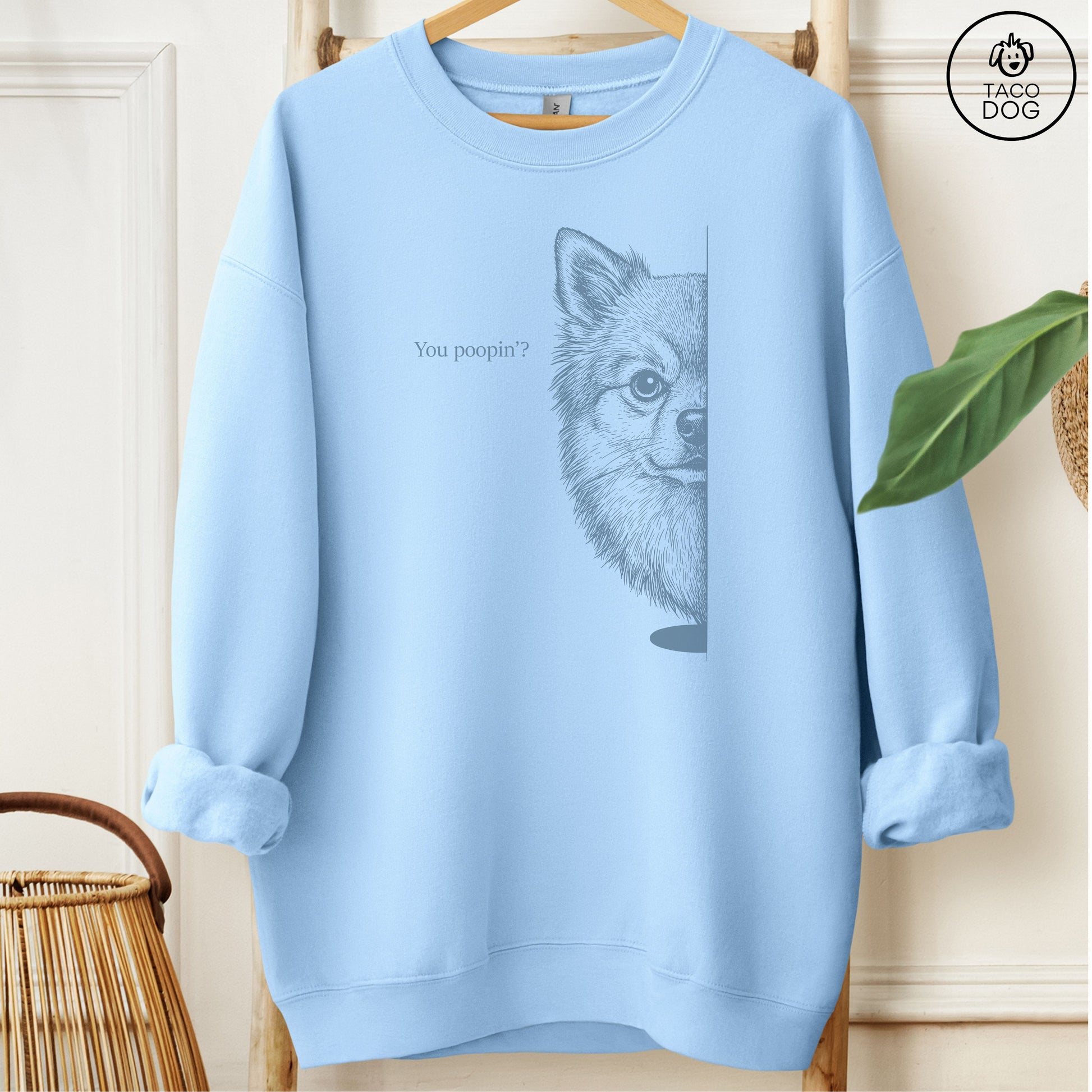 Pomeranian Poopin Sweatshirt Light Blue Taco-Dog