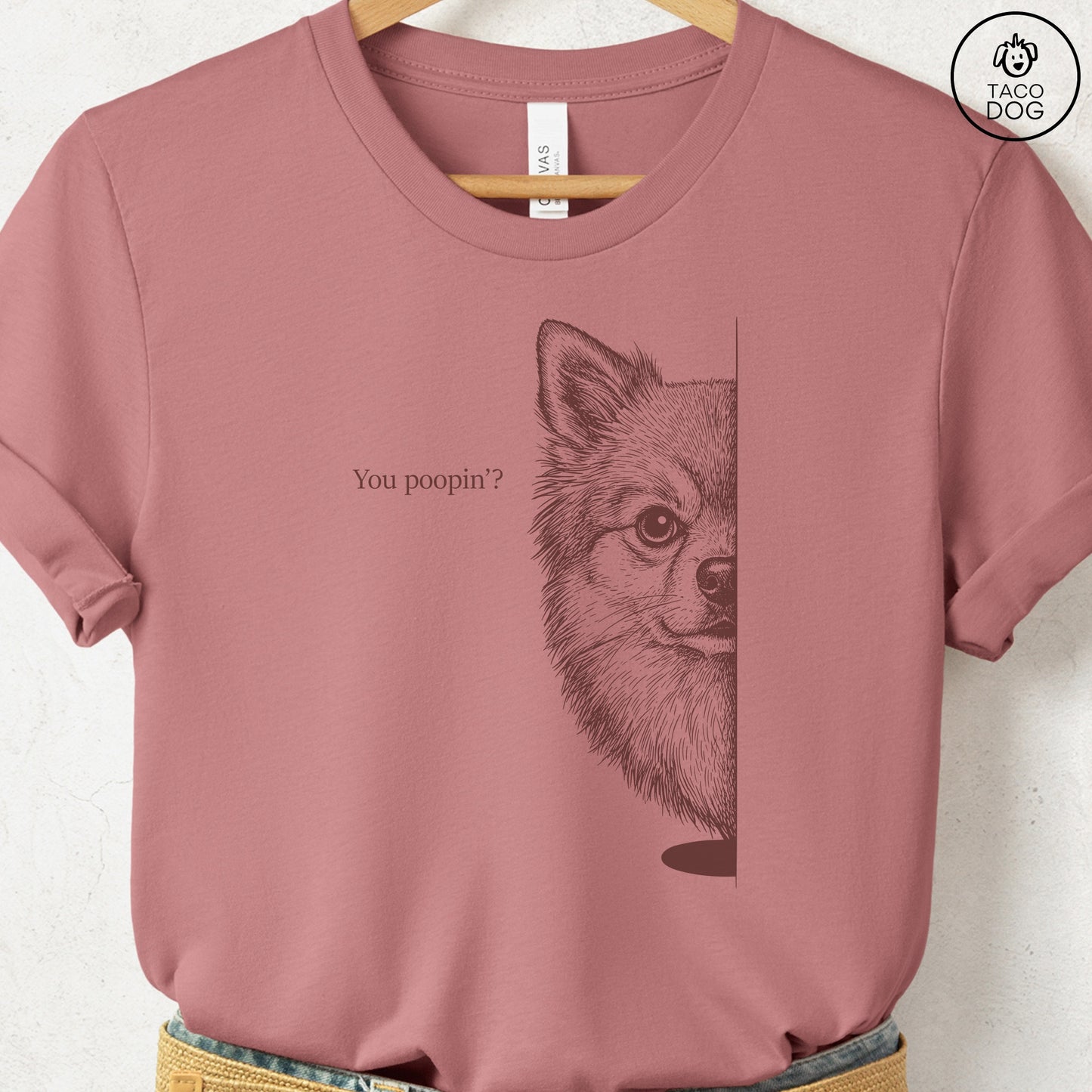 Pomeranian Poopin T-Shirt Heather Mauve Taco-Dog