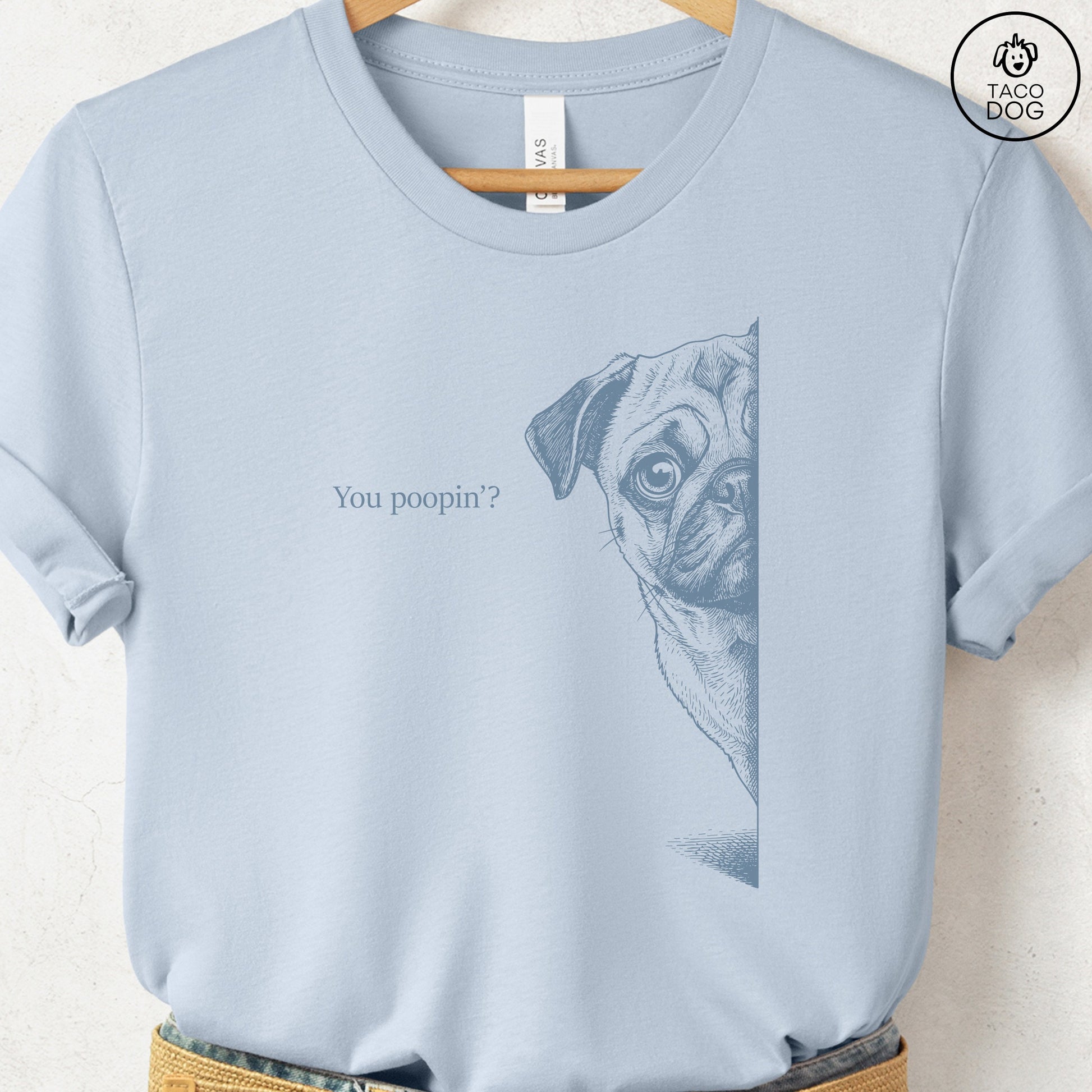 Pug Poopin T-Shirt Light Blue Taco-Dog