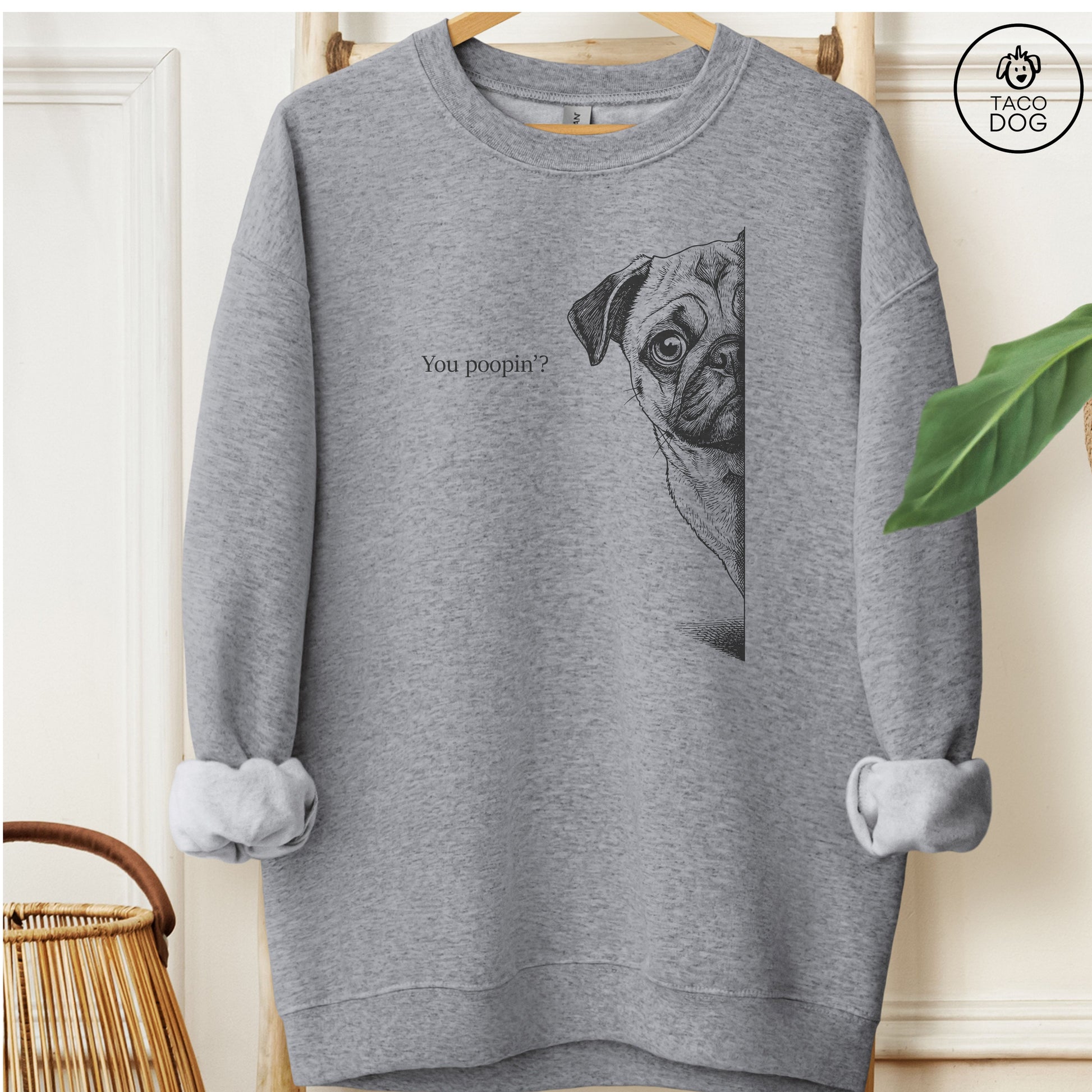 Pug Poopin Sweatshirt Graphite Heather Taco-Dog