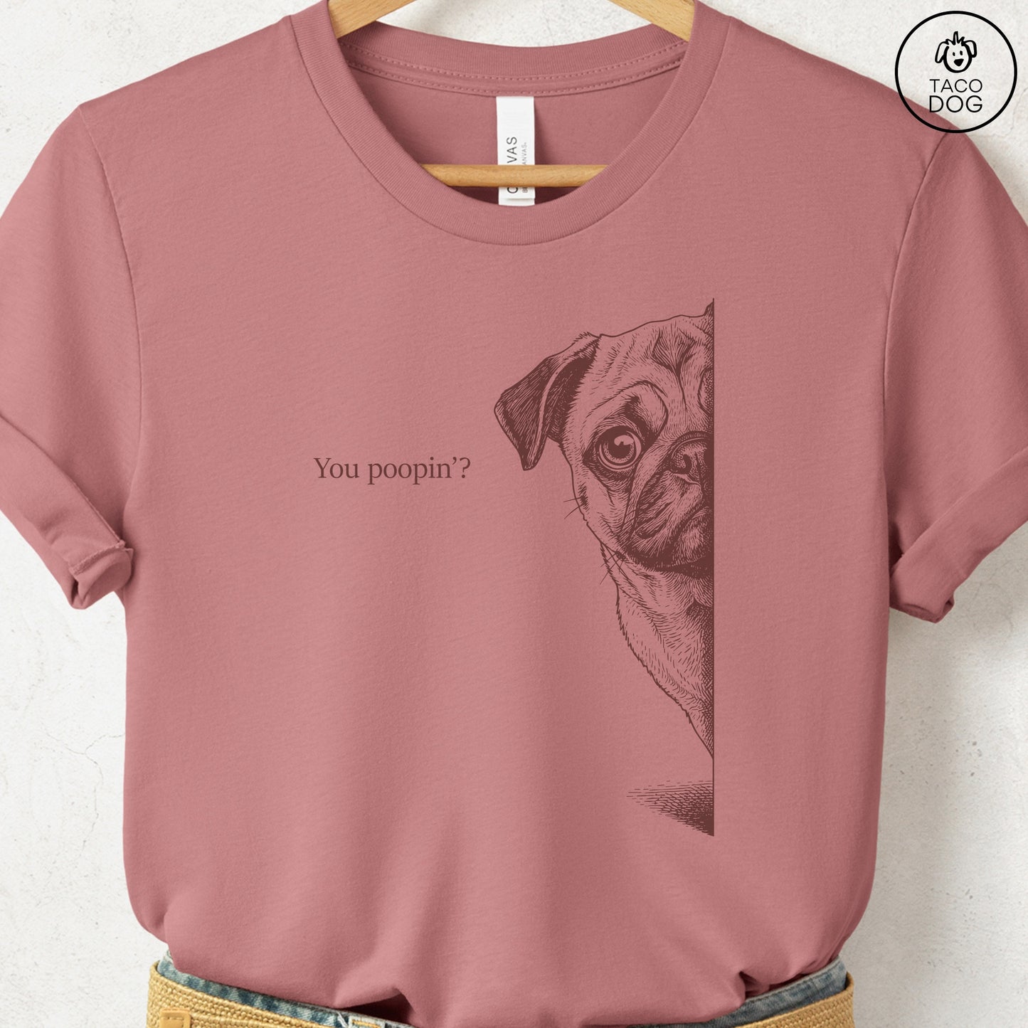 Pug Poopin T-Shirt Heather Mauve Taco-Dog