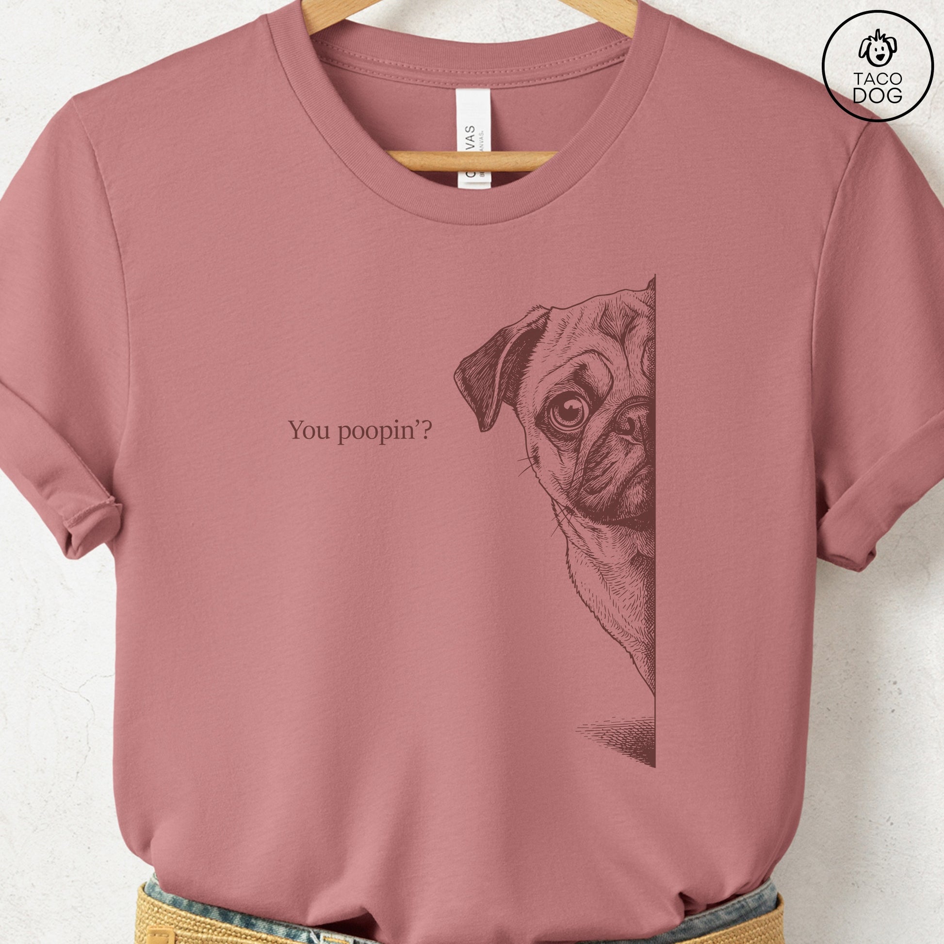 Pug Poopin T-Shirt Heather Mauve Taco-Dog