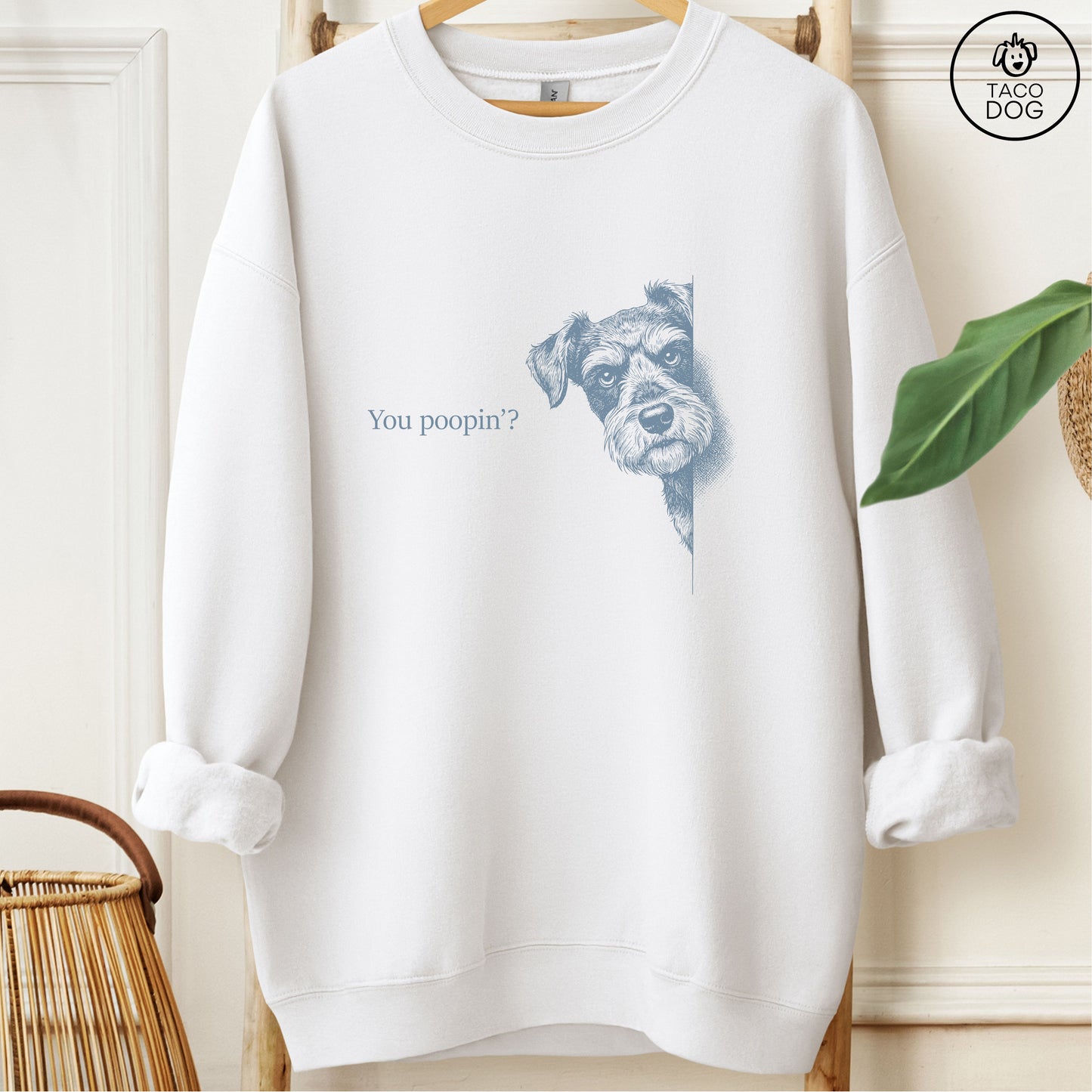 Schnauzer Poopin Sweatshirt White Taco-Dog