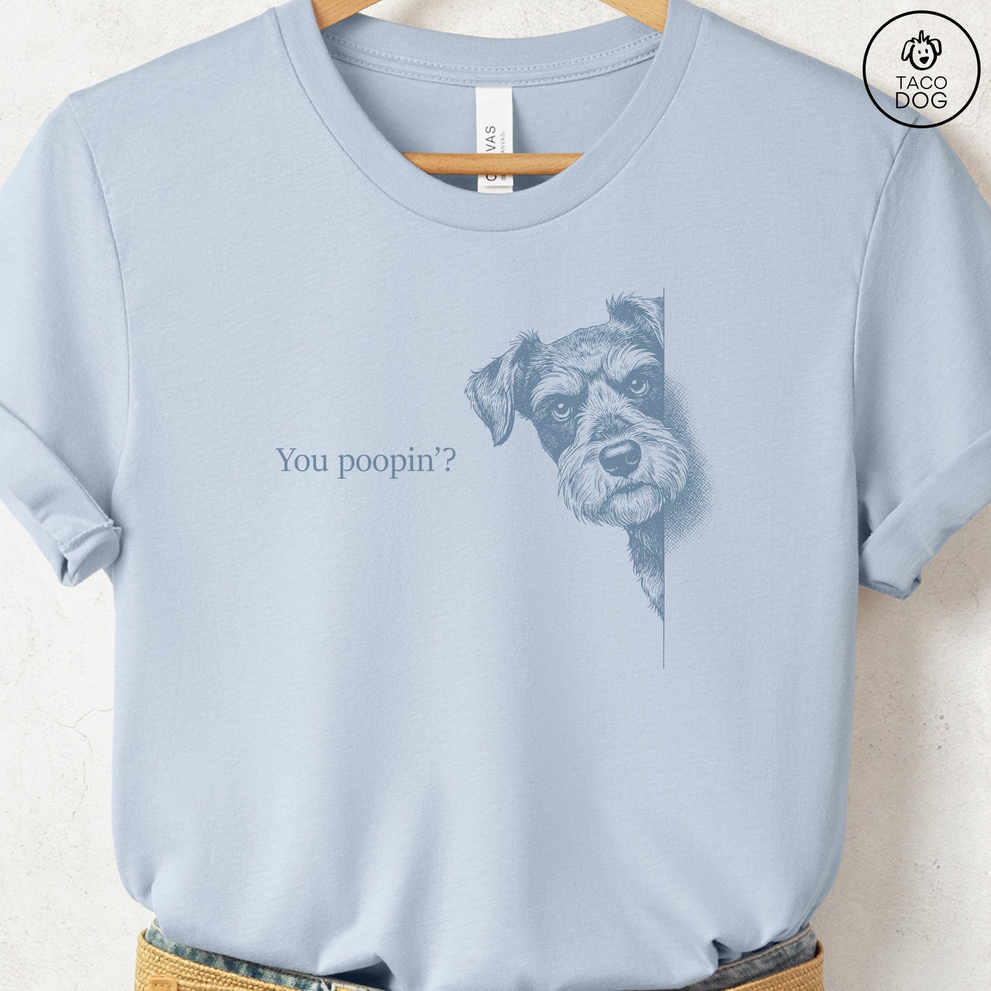 Schnauzer Poopin T-Shirt Light Blue Taco-Dog