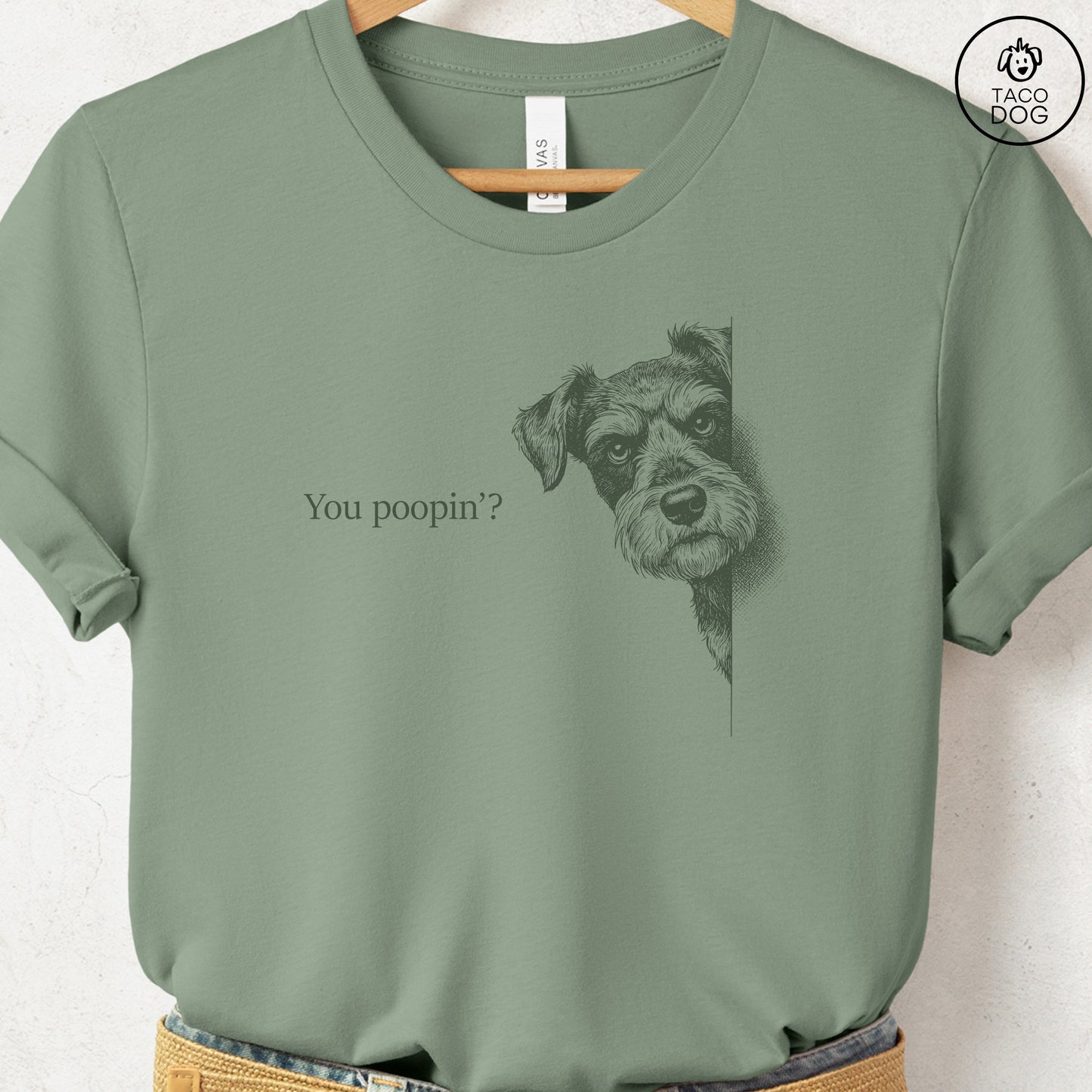 Schnauzer Poopin T-Shirt Sage Taco-Dog