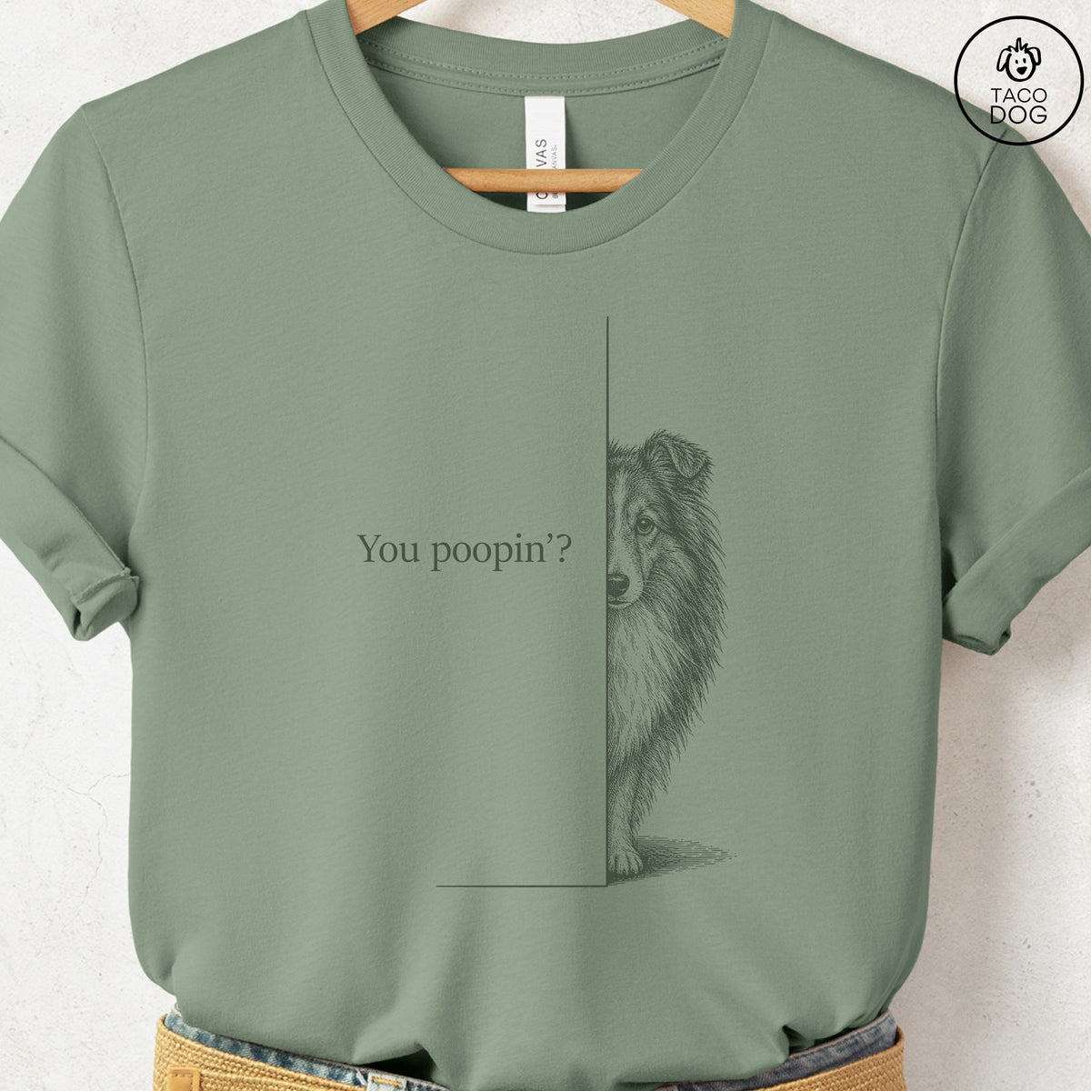 Shetland Sheepdog Poopin T-Shirt Sage Taco-Dog