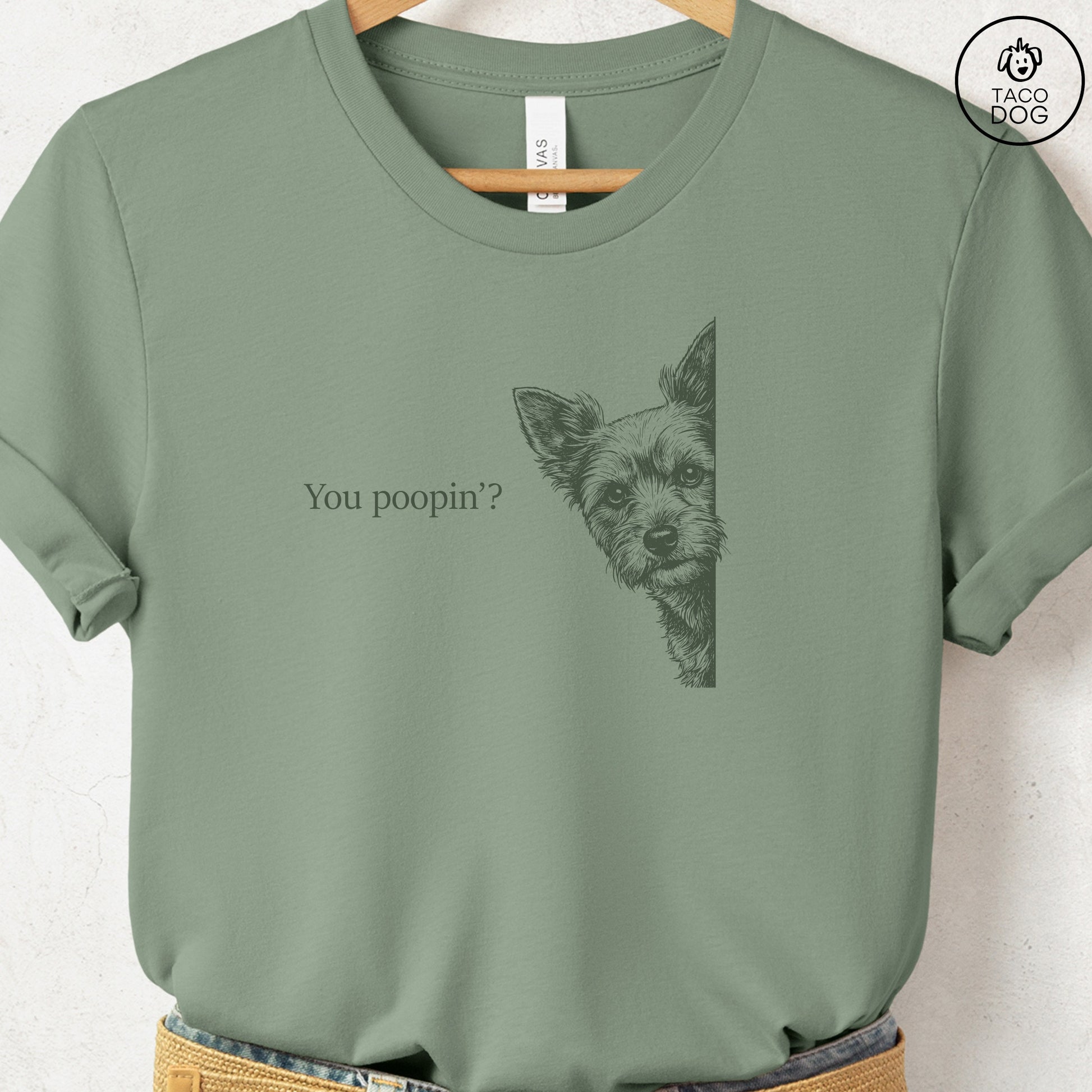 Yorkshire Terrier Yorkie Poopin T-Shirt Sage Taco-Dog