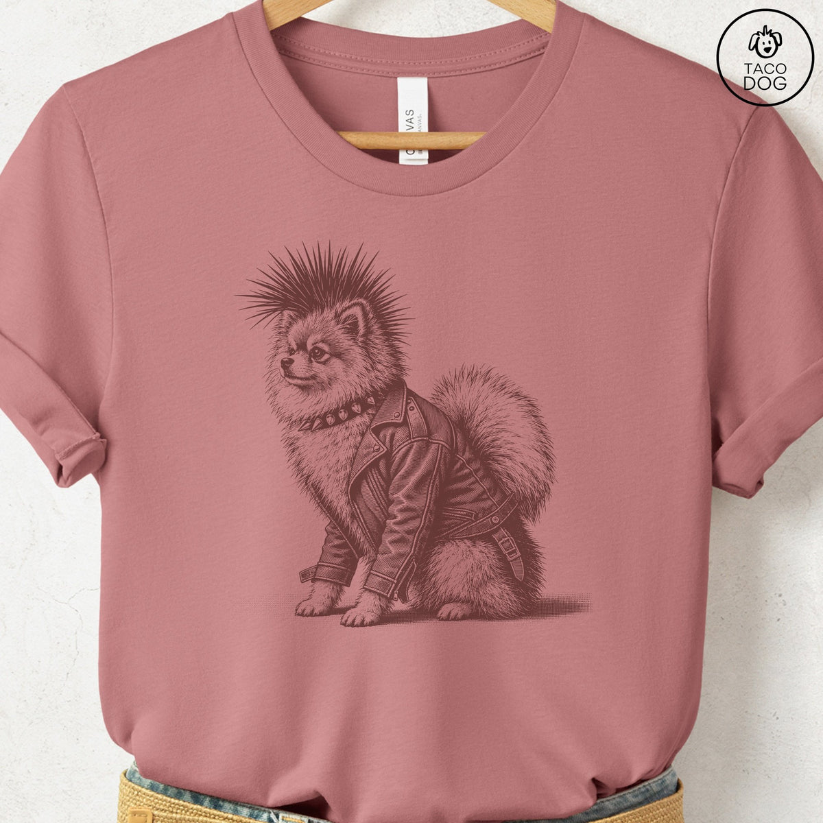 Pomeranian Punk T-Shirt Heather Mauve Taco-Dog