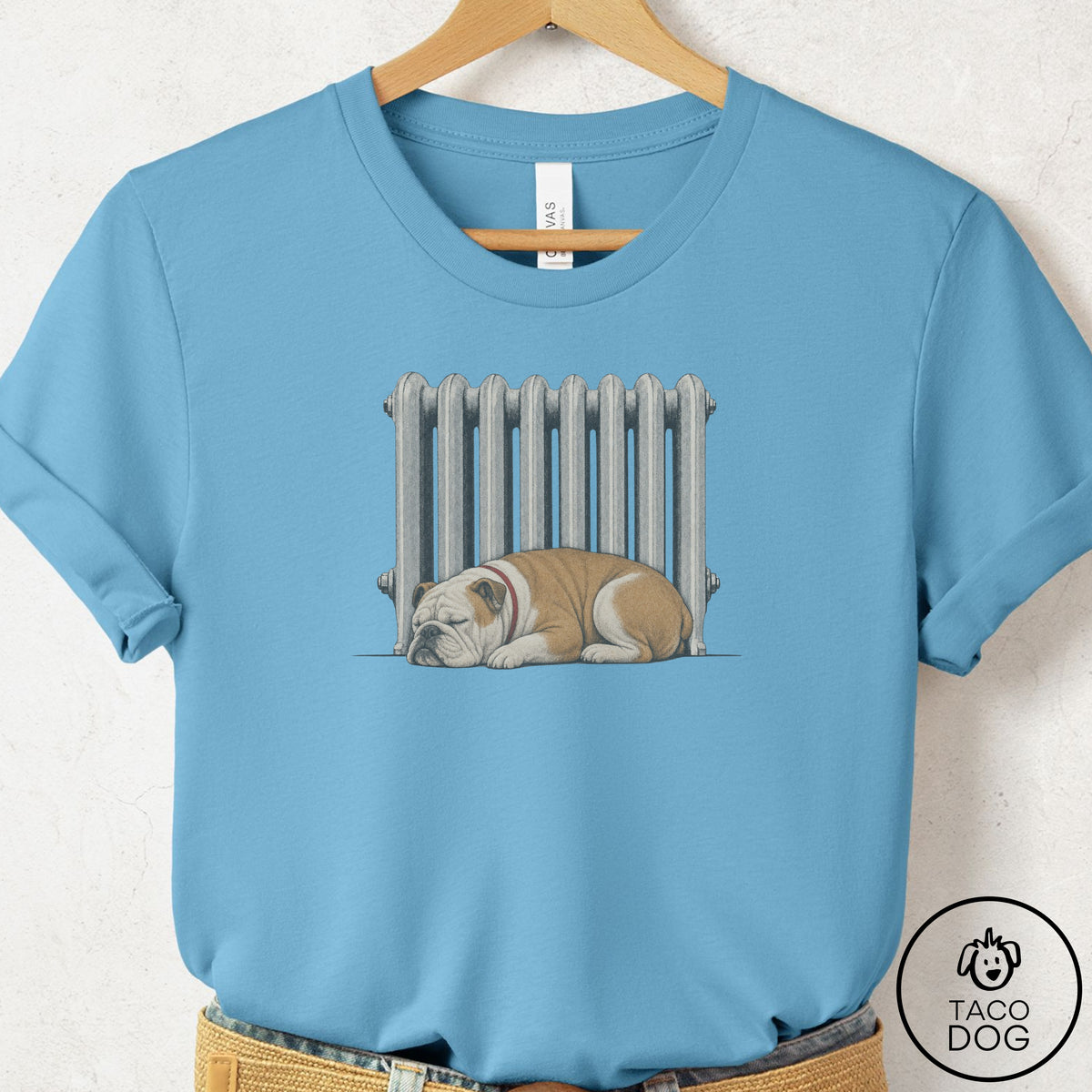 English Bulldog Radiator T-Shirt Ocean Blue Taco-Dog
