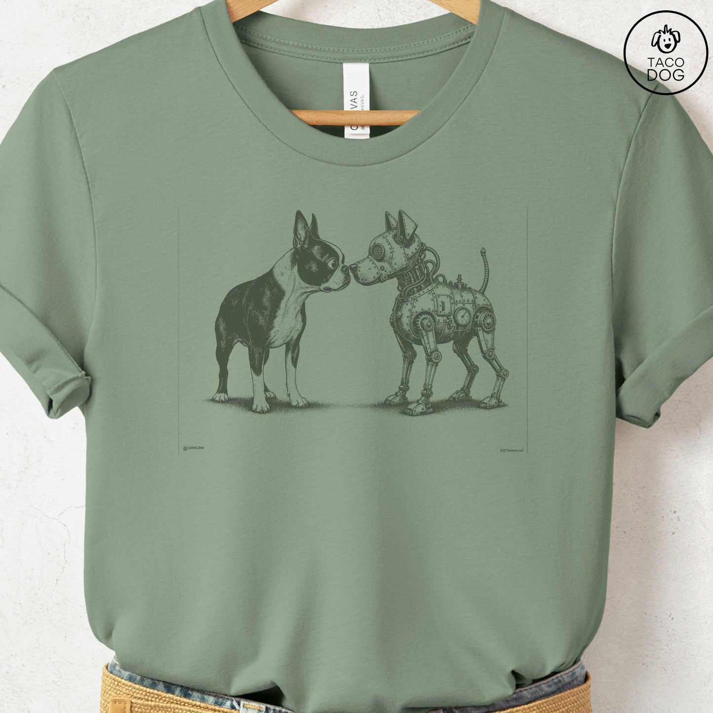 Boston Terrier Robot Dog T-Shirt Sage S Taco-Dog