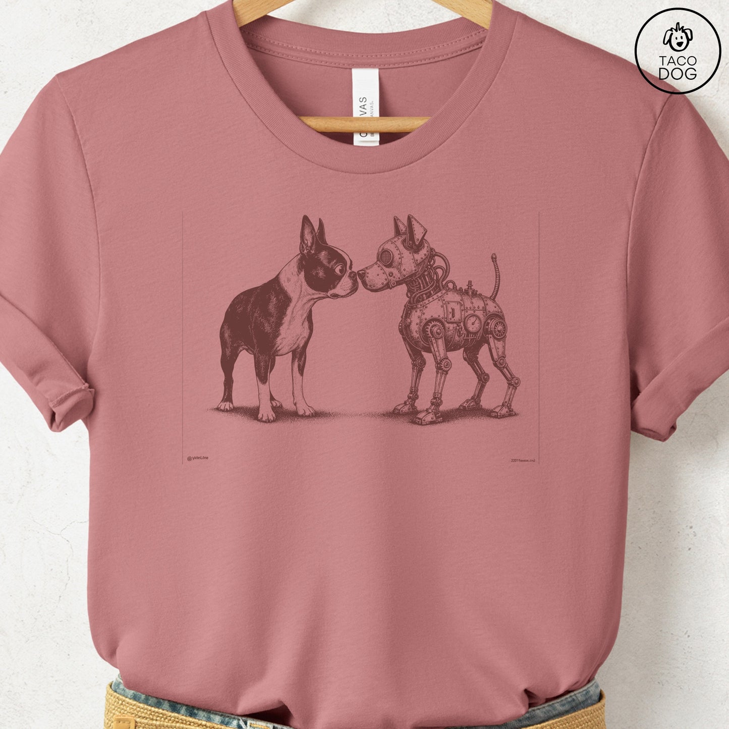 Boston Terrier Robot Dog T-Shirt Heather Mauve S Taco-Dog