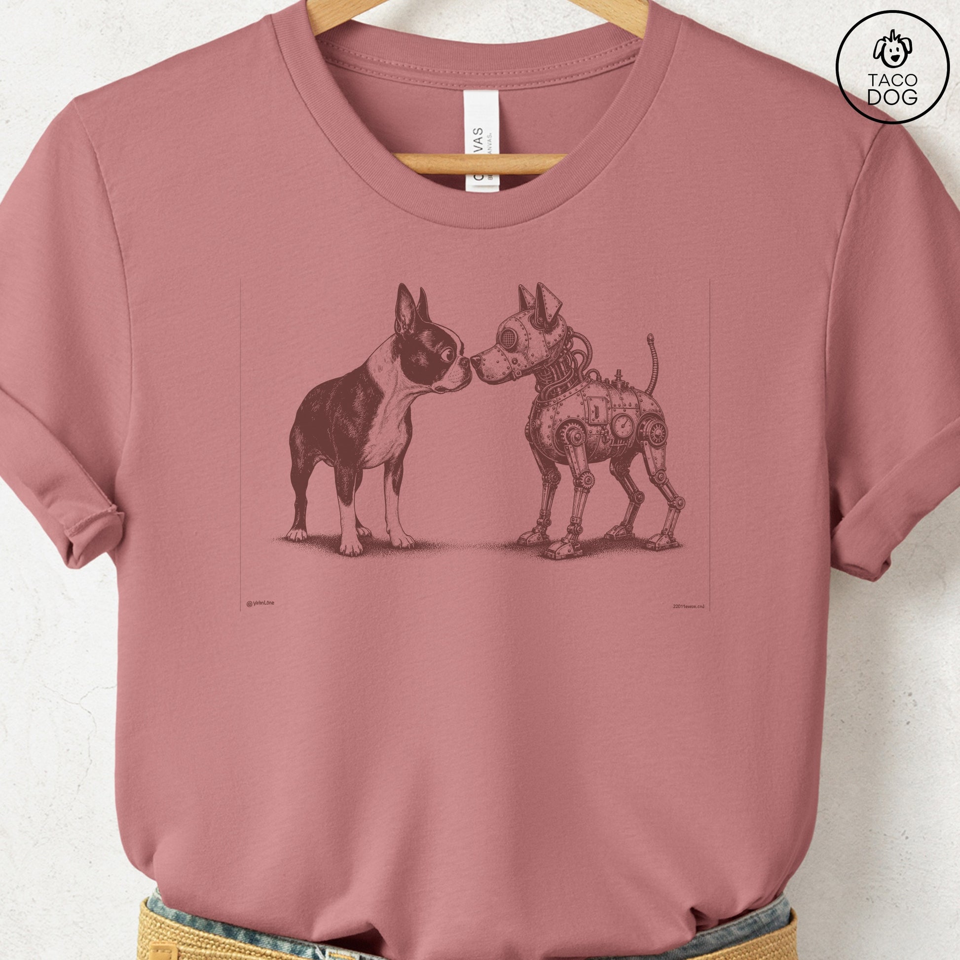 Boston Terrier Robot Dog T-Shirt Heather Mauve S Taco-Dog