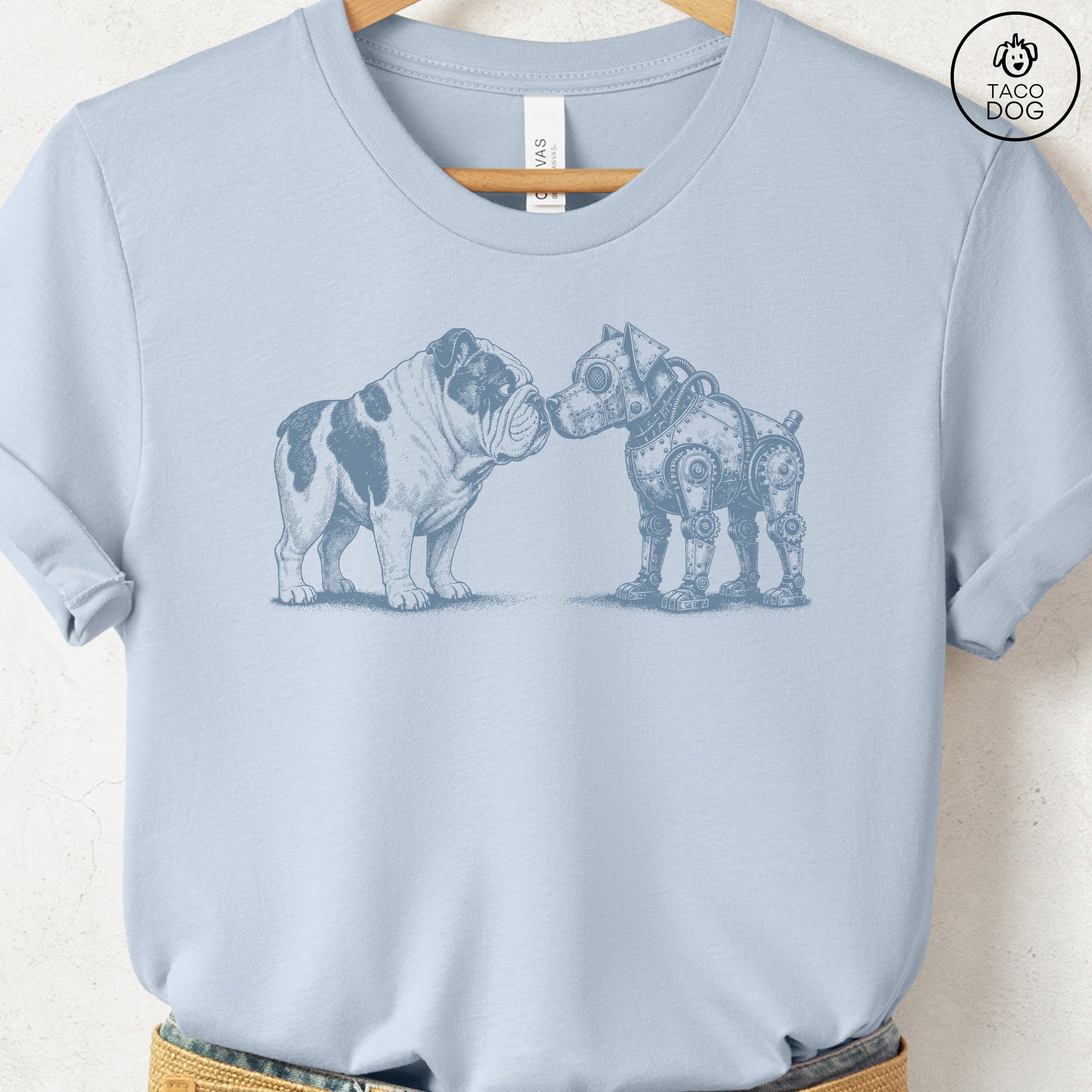 English Bulldog Robot Dog T-Shirt Light Blue XS Taco-Dog