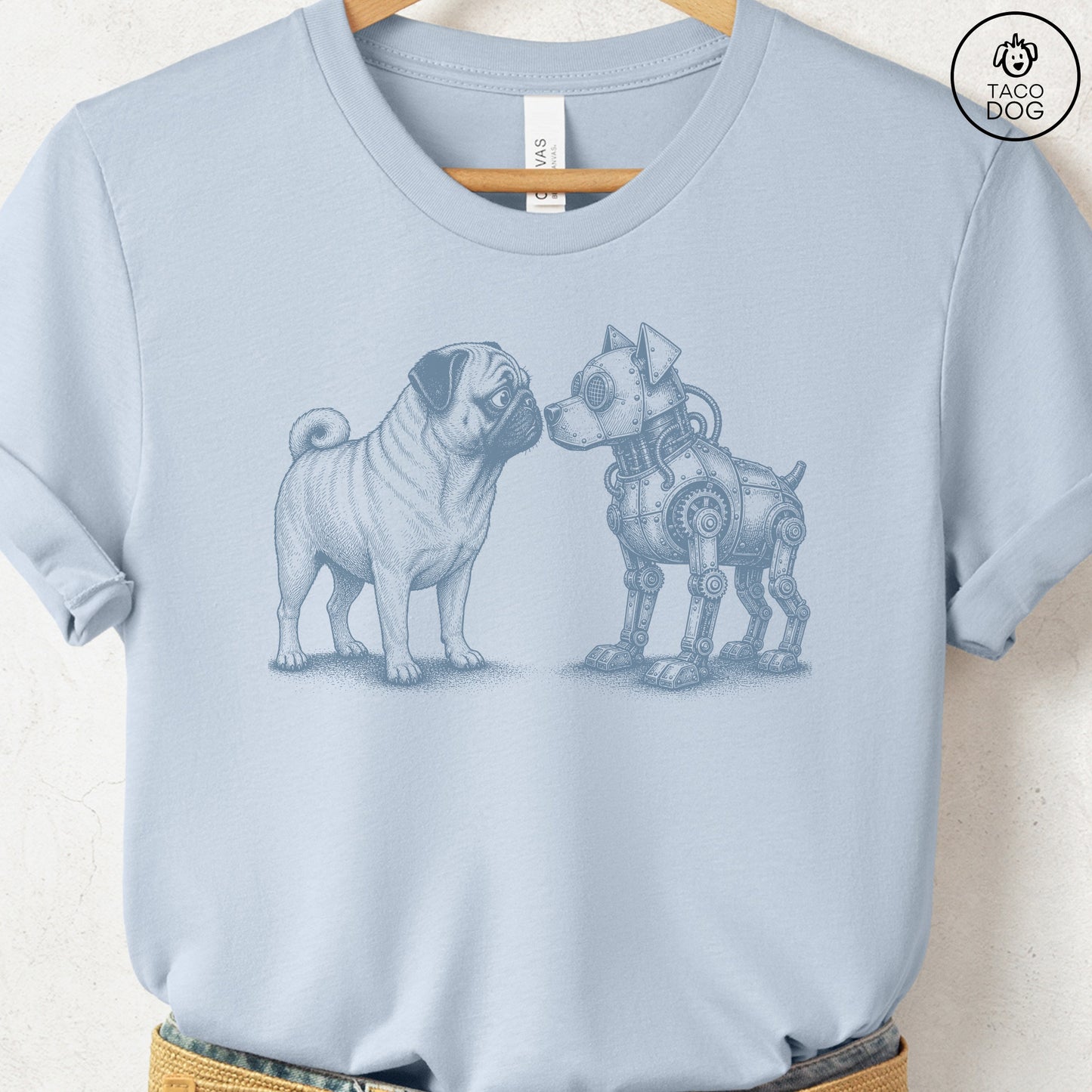 Pug Robot Dog T-Shirt Light Blue S Taco-Dog