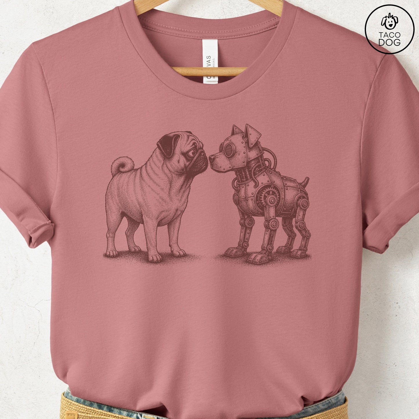 Pug Robot Dog T-Shirt Heather Mauve S Taco-Dog