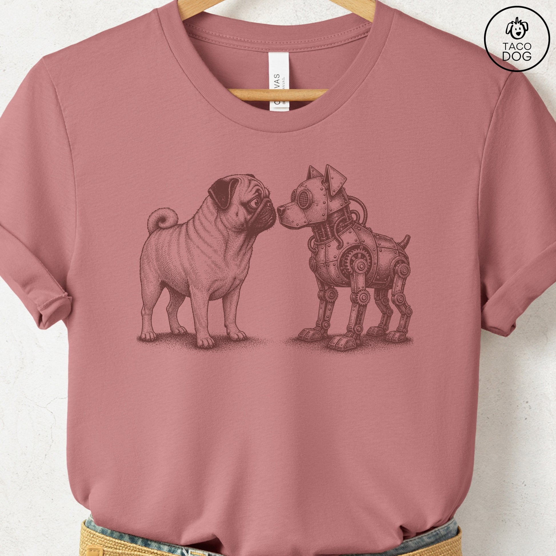 Pug Robot Dog T-Shirt Heather Mauve S Taco-Dog