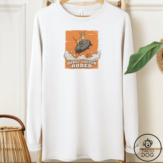 Chiweenie Robot Vacuum Rodeo Long Sleeve Tee White Taco-Dog