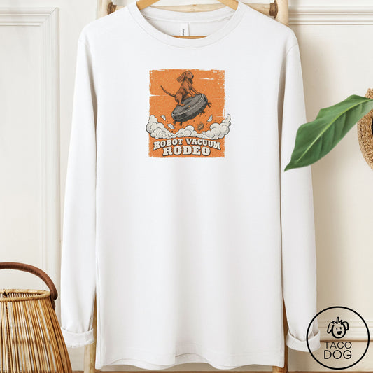 Coonhound Robot Vacuum Rodeo Long Sleeve Tee White Taco-Dog