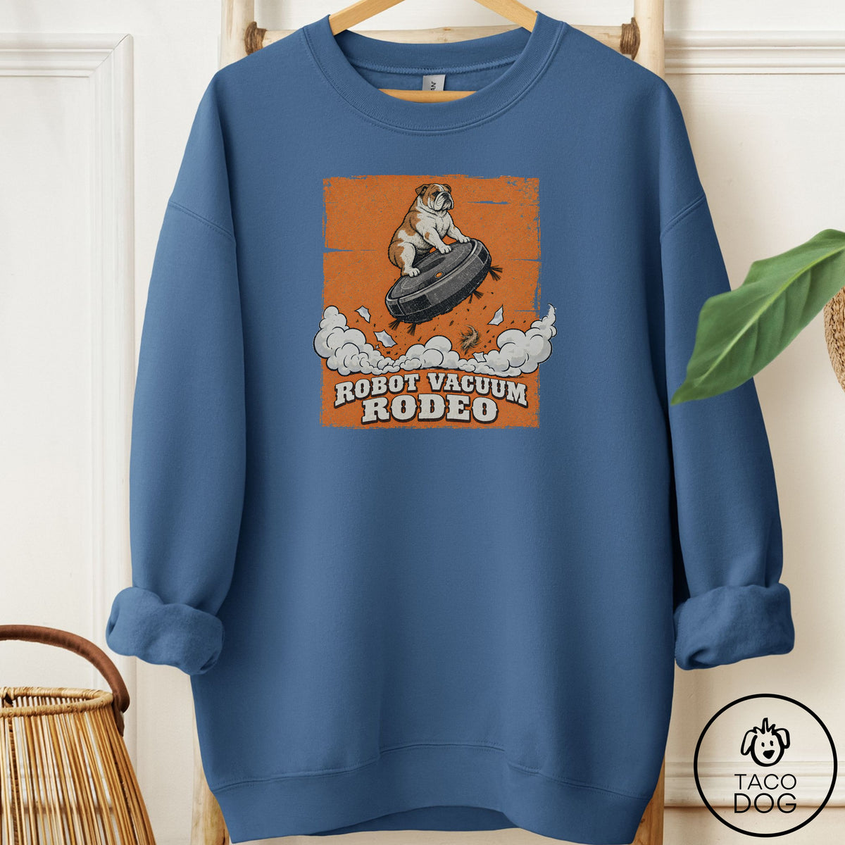 English Bulldog Robot Vacuum Rodeo Sweatshirt Indigo Blue Taco-Dog