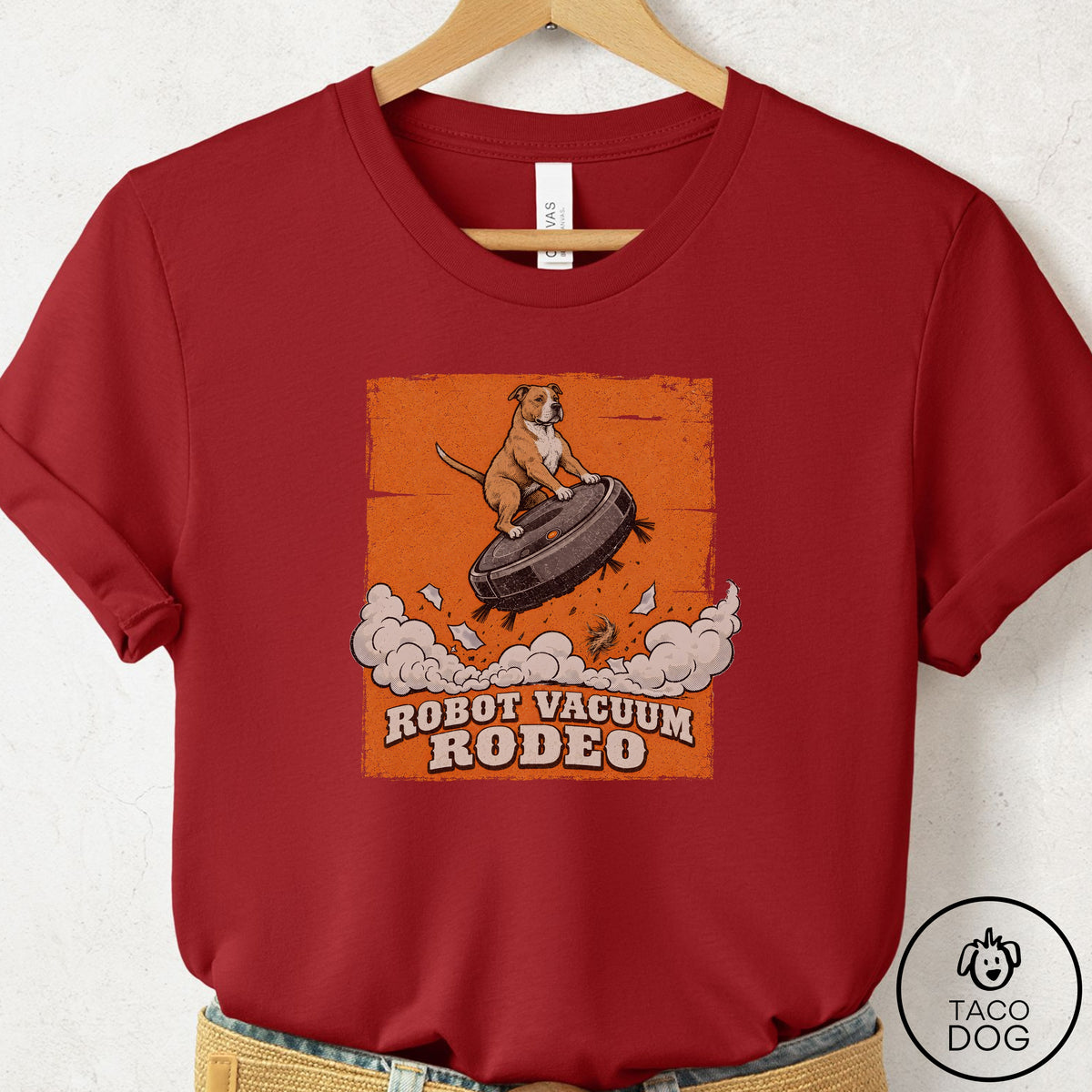 Pitbull Robot Vacuum Rodeo T-Shirt Canvas Red Taco-Dog