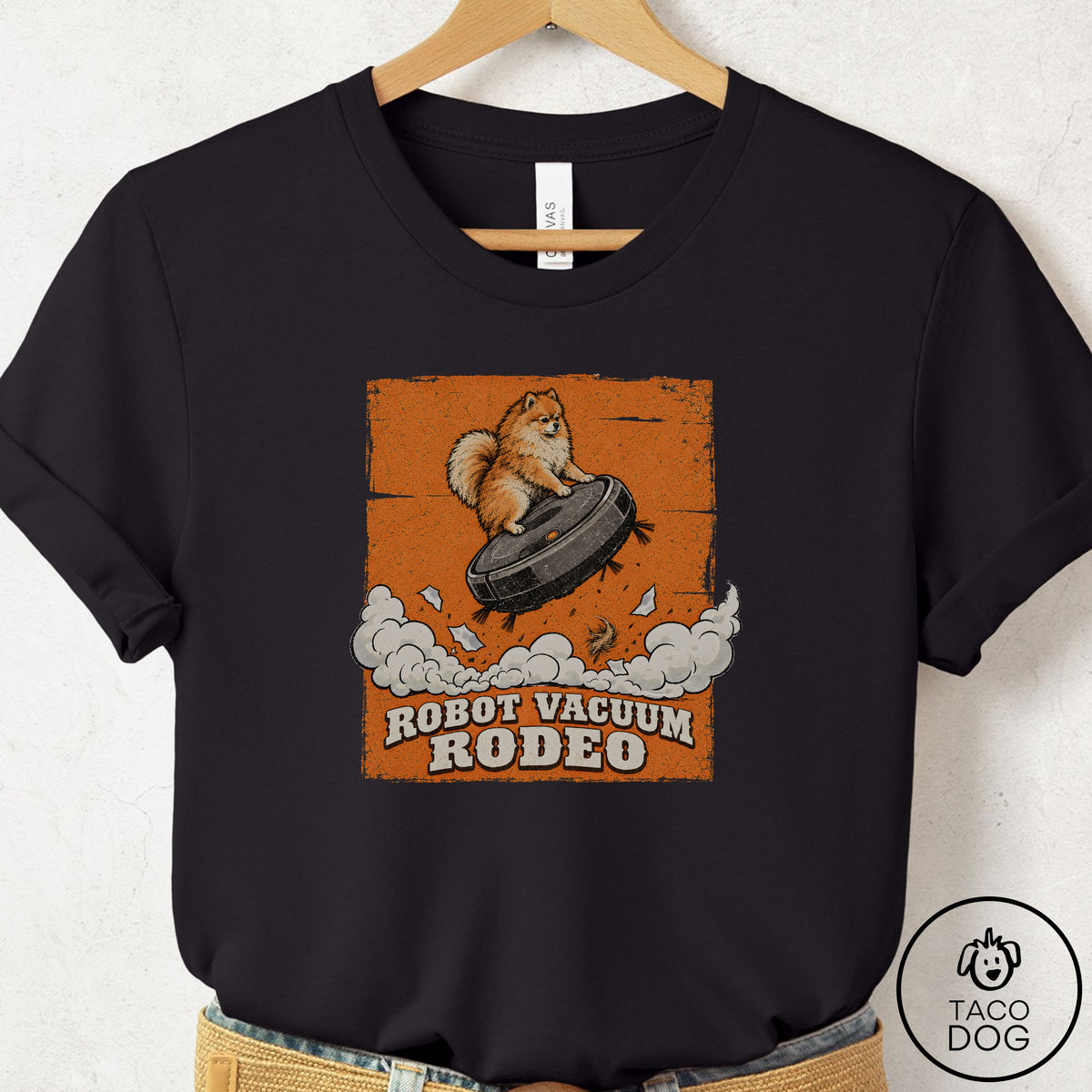 Pomeranian Robot Vacuum Rodeo T-Shirt Black Taco-Dog