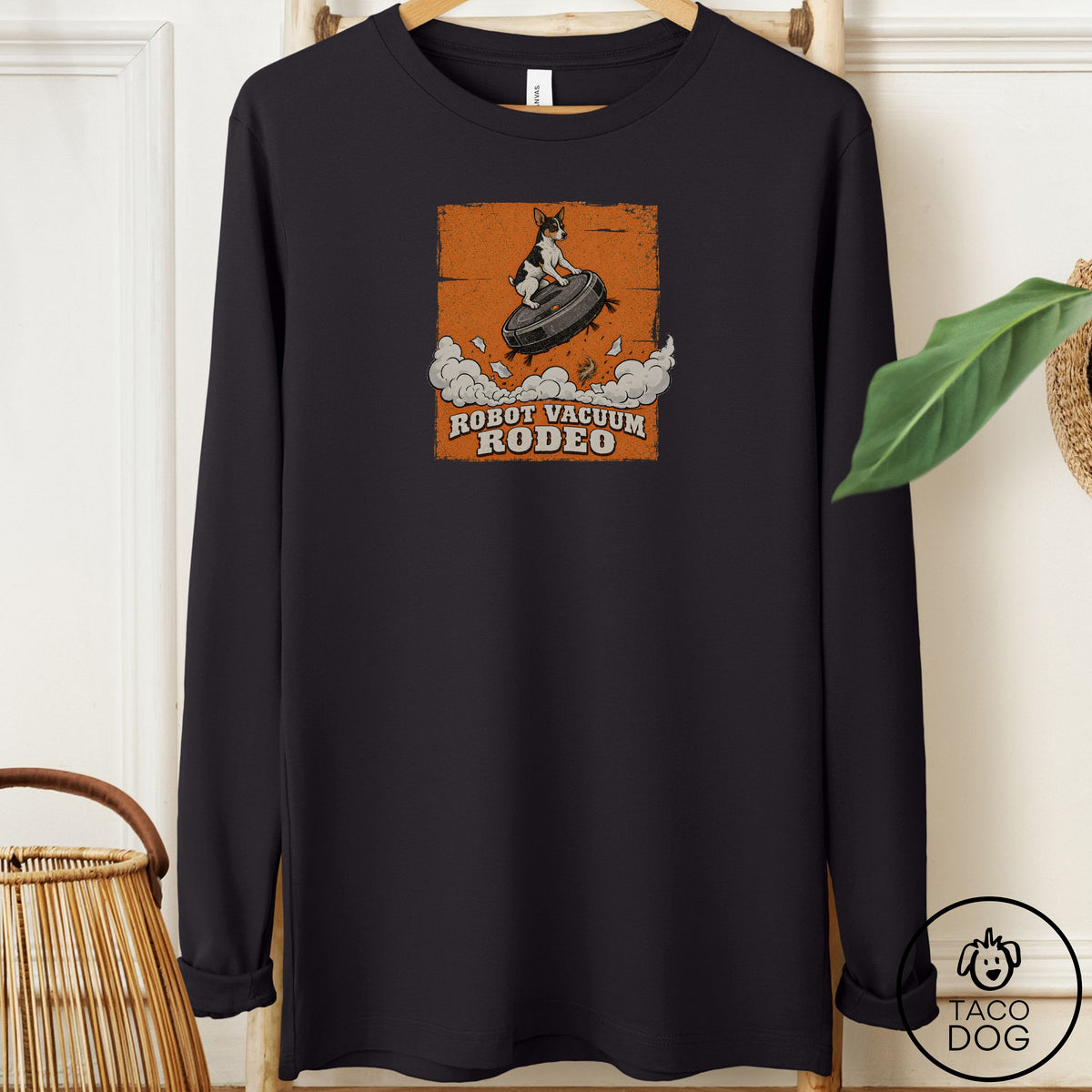 Rat Terrier Robot Vacuum Rodeo Long Sleeve Tee Black Taco-Dog