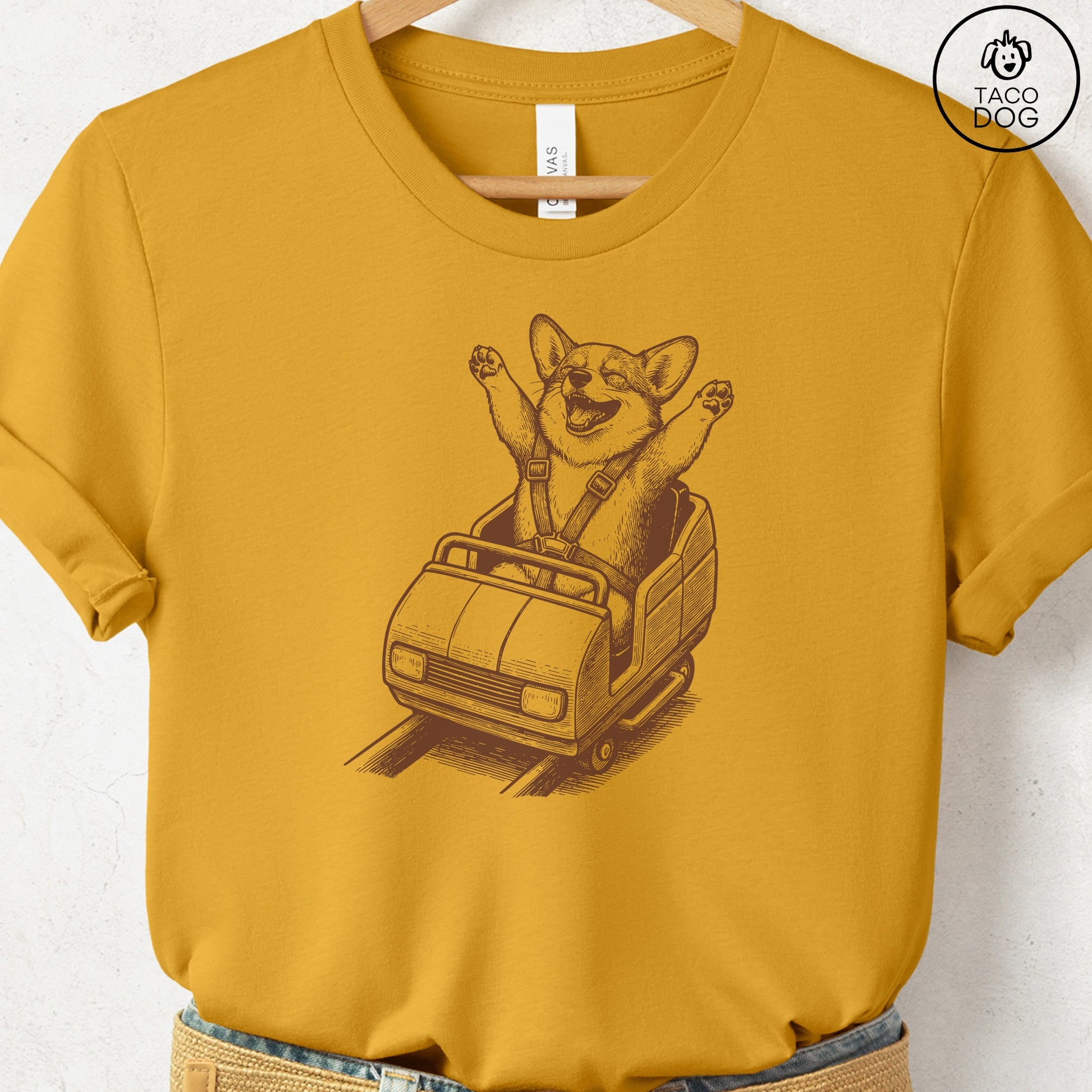 Corgi Roller Coaster T-Shirt Mustard S