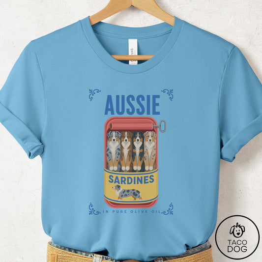 Australian Shepherd Sardines T-Shirt Ocean Blue Taco-Dog
