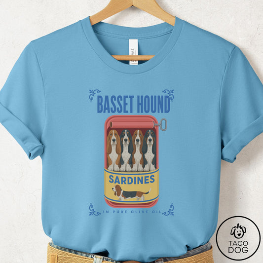 Basset Hound Sardines T-Shirt Ocean Blue Taco-Dog