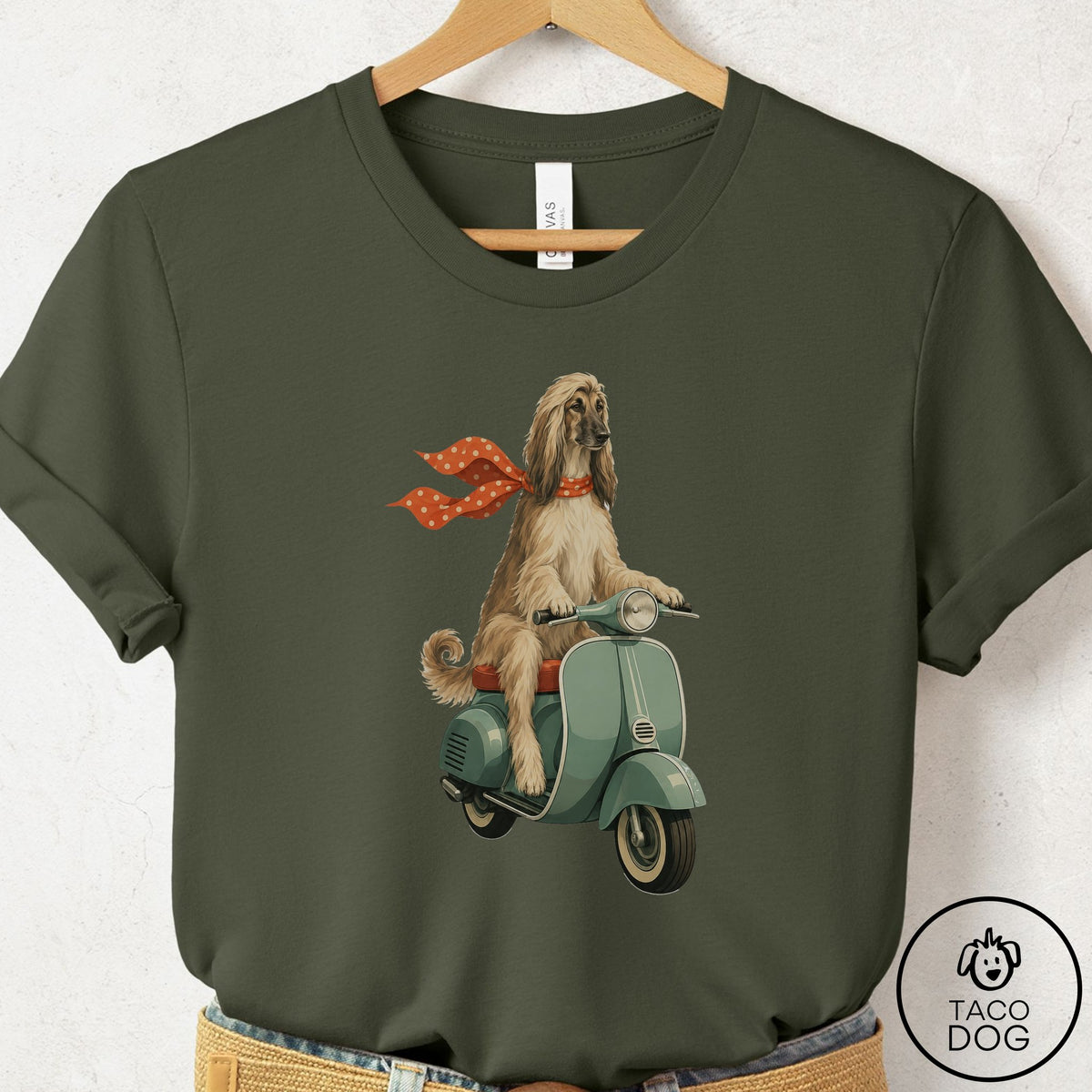 Afghan Hound Scooter T-Shirt Military Green Taco-Dog