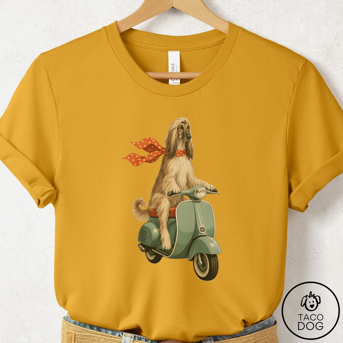 Afghan Hound Scooter T-Shirt Mustard Taco-Dog