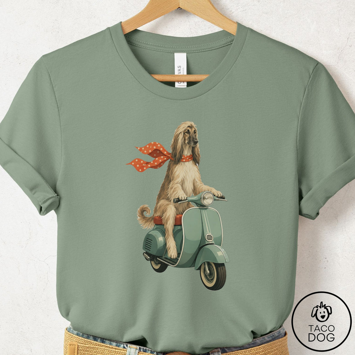 Afghan Hound Scooter T-Shirt Sage Taco-Dog