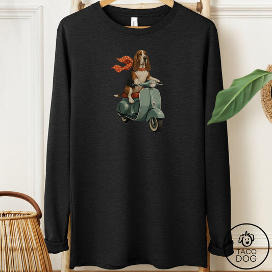 Basset Hound Scooter Long Sleeve Tee Black Heather Taco-Dog