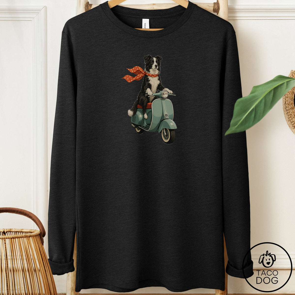 Border Collie Scooter Long Sleeve Tee Black Heather Taco-Dog