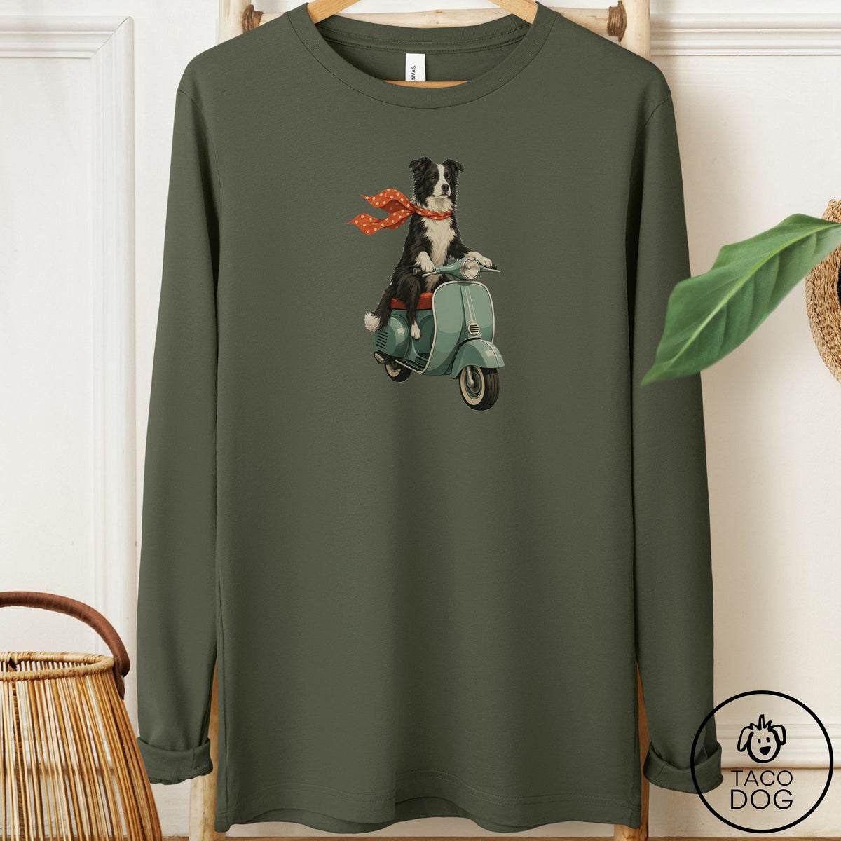 Border Collie Scooter Long Sleeve Tee Military Green Taco-Dog