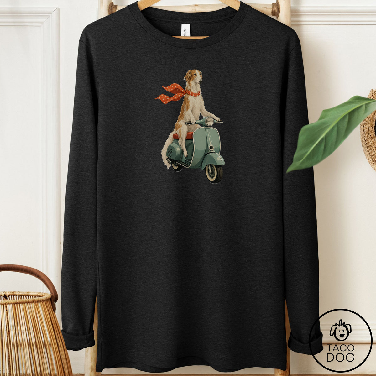 Borzoi Scooter Long Sleeve Tee Black Heather Taco-Dog