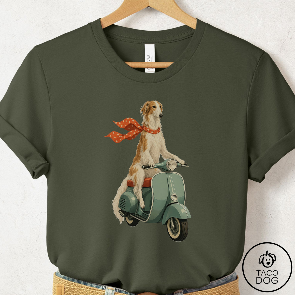 Borzoi Scooter T-Shirt Military Green Taco-Dog