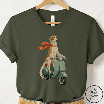 Borzoi Scooter T-Shirt Military Green Taco-Dog