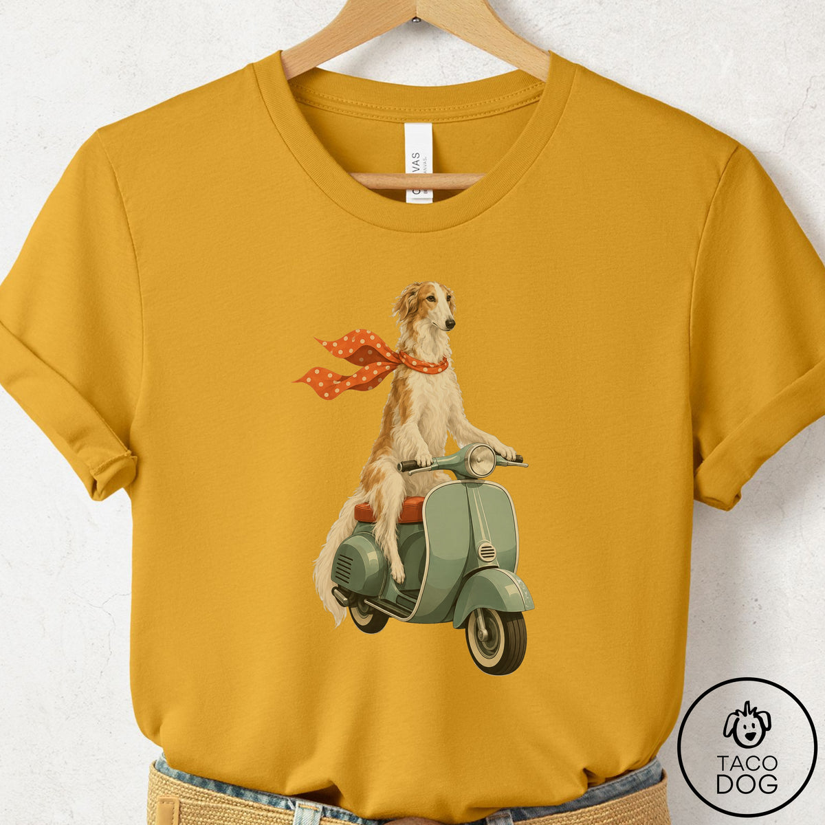 Borzoi Scooter T-Shirt Mustard Taco-Dog