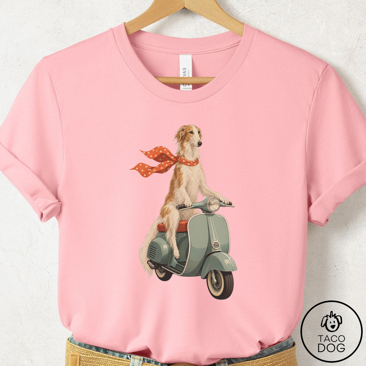 Borzoi Scooter T-Shirt Pink Taco-Dog